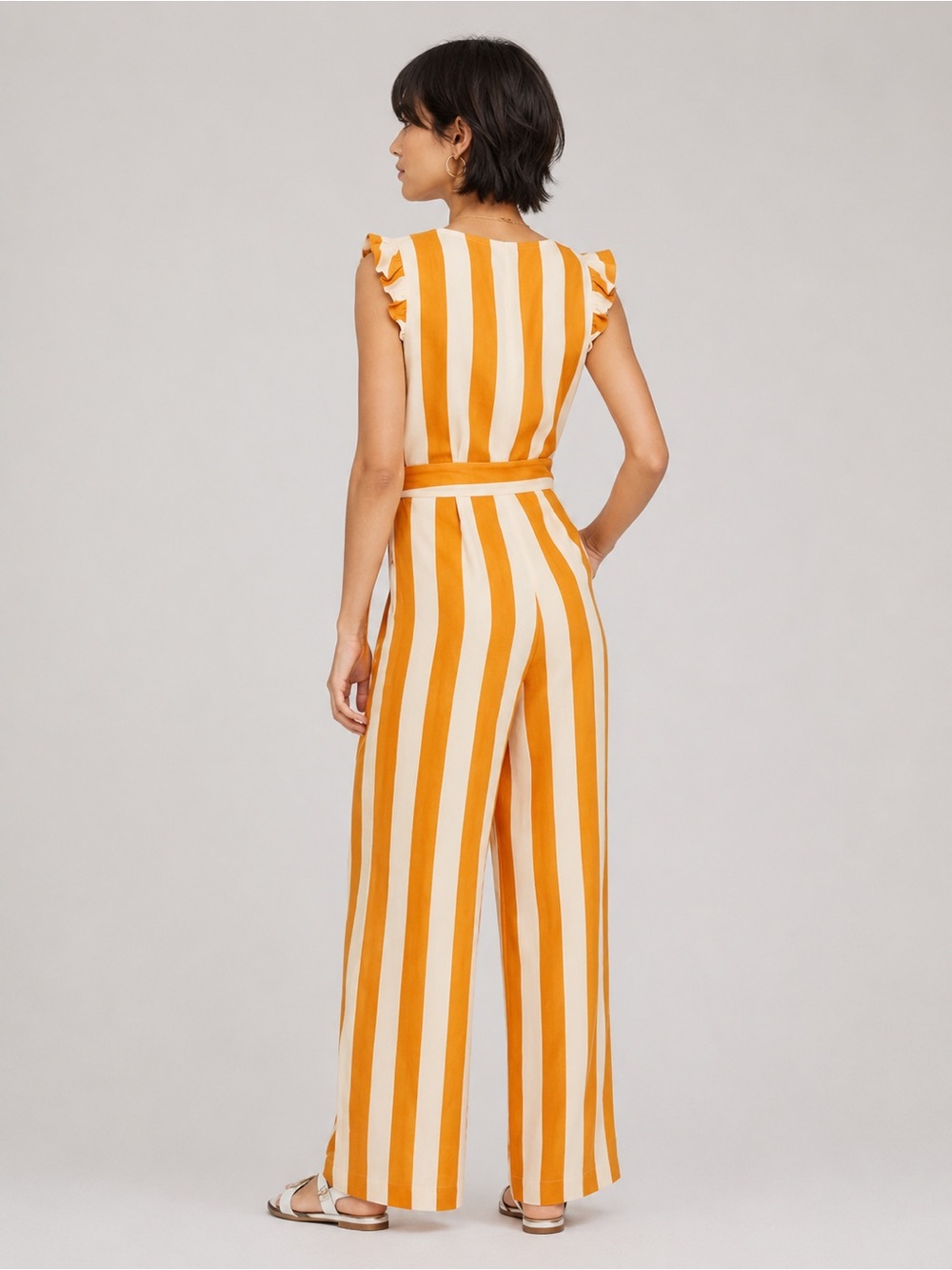 Boden Mila Linen Striped Wide Leg Jumpsuit Orange & White 2R - Picture 2 of 7
